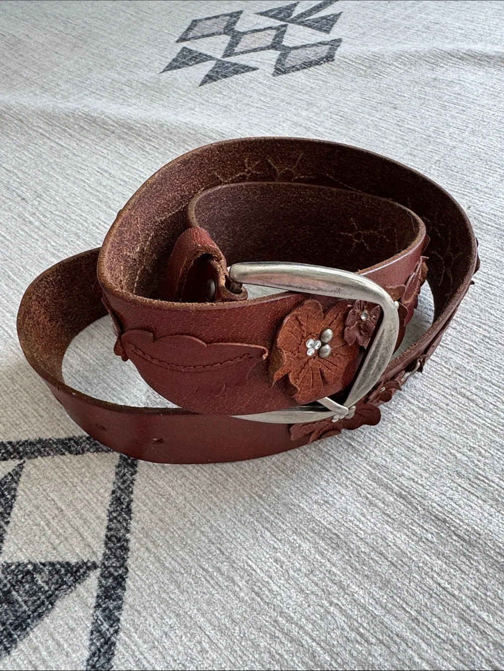 Hollister Brown Leather Floral Rhinestone Wide Belt Boho Y2K Western 40”